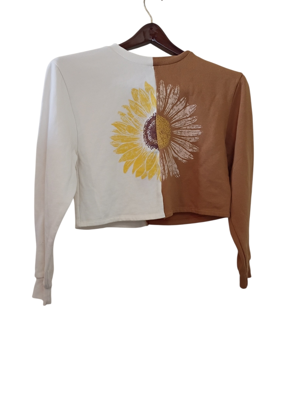 Sunflower Color Block Crop Top Womens Small Brown White Long Sleeve Graphic Tee - Picture 5 of 6